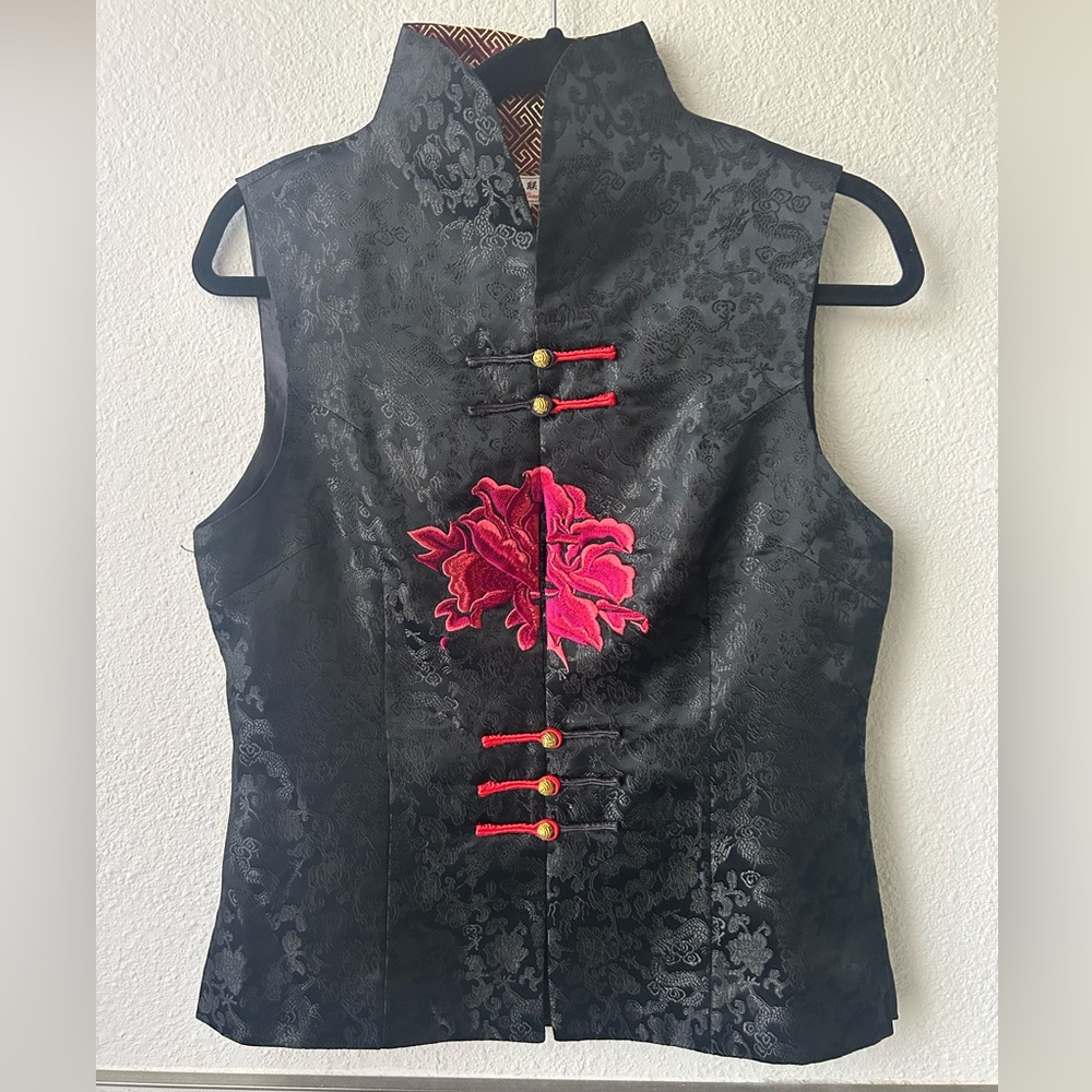Asian inspired black vest top with red embroidery